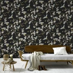 Superfresco Easy Papiers Peints Papier Peint Intissé Oiseaux Japonais Noir Vert 1005x52cm