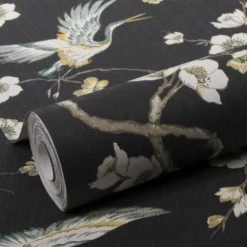 Superfresco Easy Papiers Peints Papier Peint Intissé Oiseaux Japonais Noir Vert 1005x52cm -Papiers peints Soldes papier peint intisse oiseaux japonais noir vert 1005x52cm 3