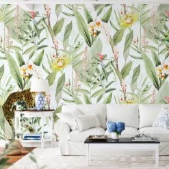 Yeda Design Papiers Peints Papier Peint Panoramique Motifs Fleurs Jardin Tropical Blanc 255x260cm